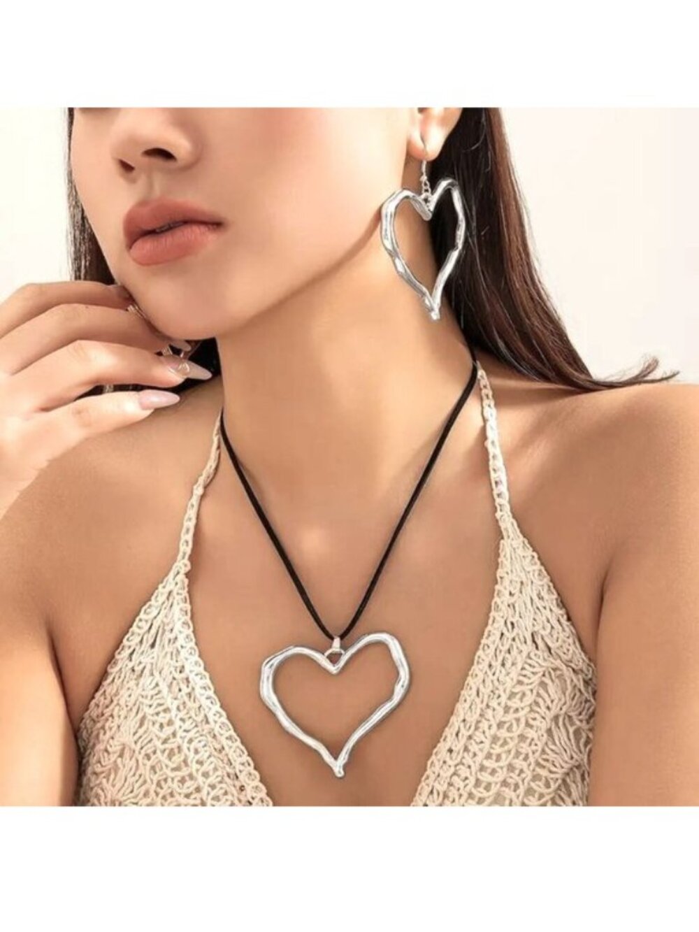 Necklace & Earrings Heart 3pc Set Bold Leather Dangle Statement Trendy Stylish